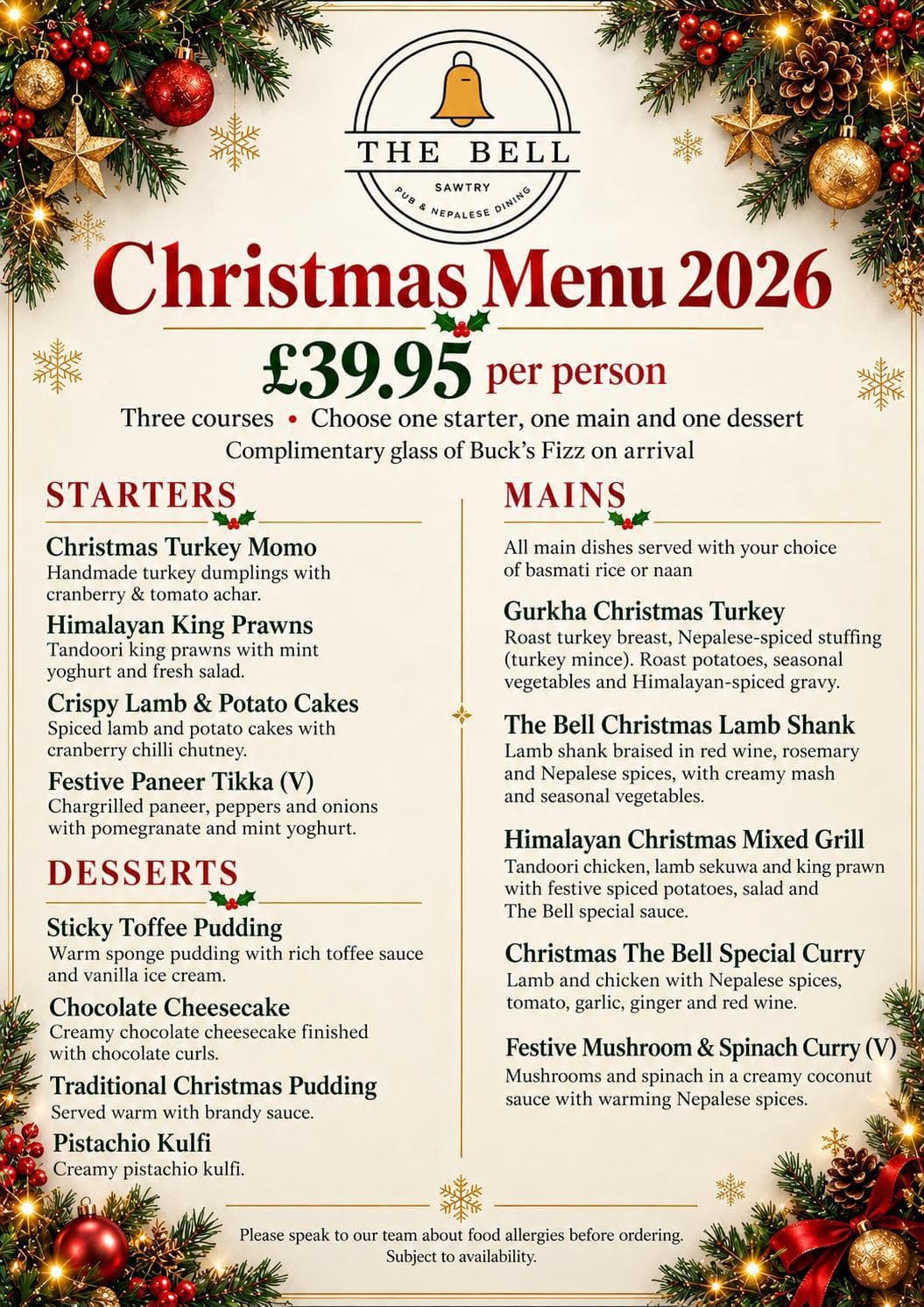 The Bell Sawtry Christmas Menu 2026 poster. The full menu is transcribed above.